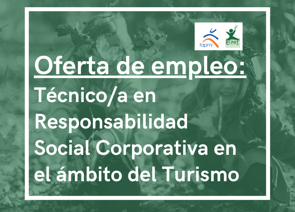 Imagen con texto: Oferta de trabajo: Técnico/a en Responsabilidad Social Corporativa en el ámbito del Turismo
